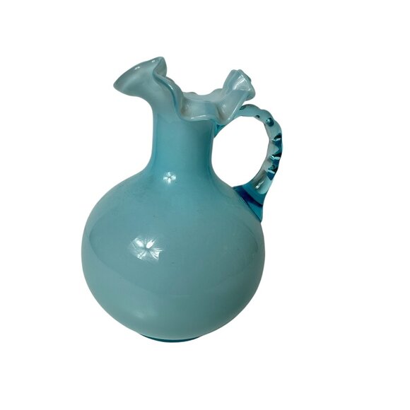 Ruffled Rim Pitcher Baby Blue Glass Handle Vintage - Picture 1 of 8